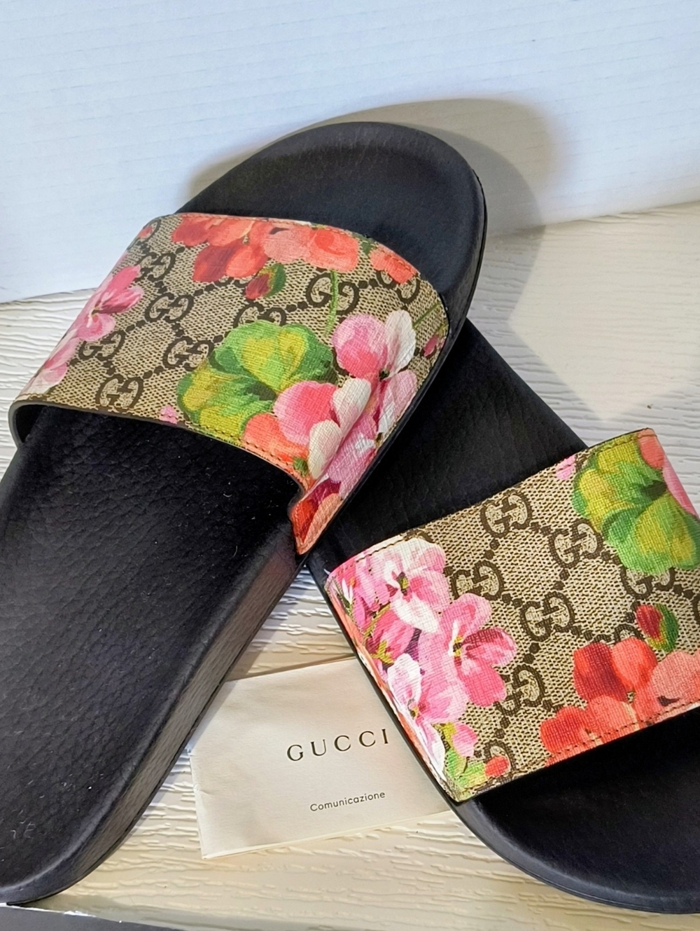 Gucci Black Slides with Pink Floral Canvas Strap - Picture 2 of 5